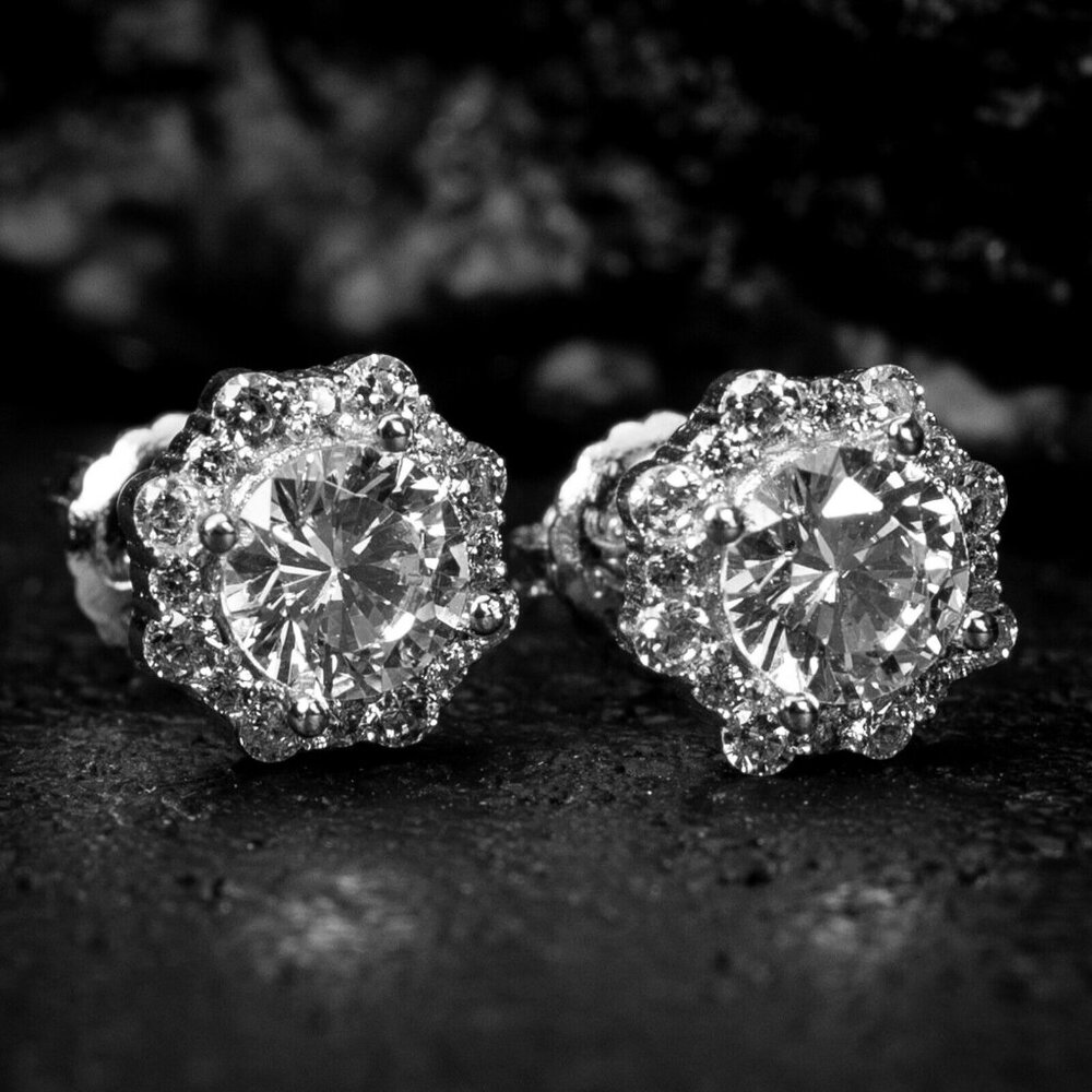 Small Brilliant 925 Sterling Silver White Gold Flower Cluster Round Halo Earring